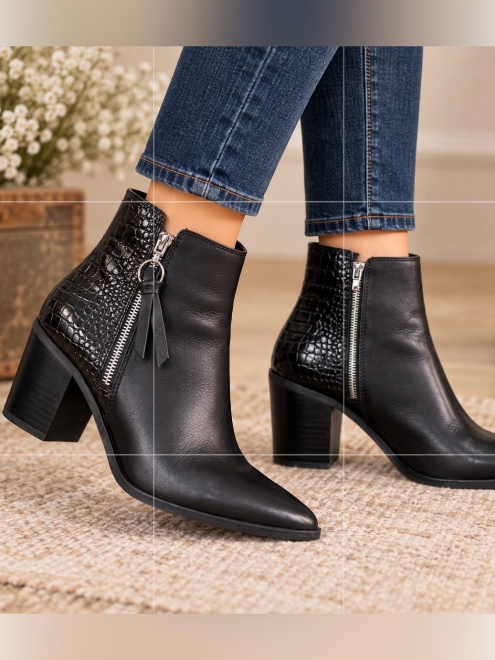 ALDO Black Pointed-Toe Croc Embossed Ankle Boots